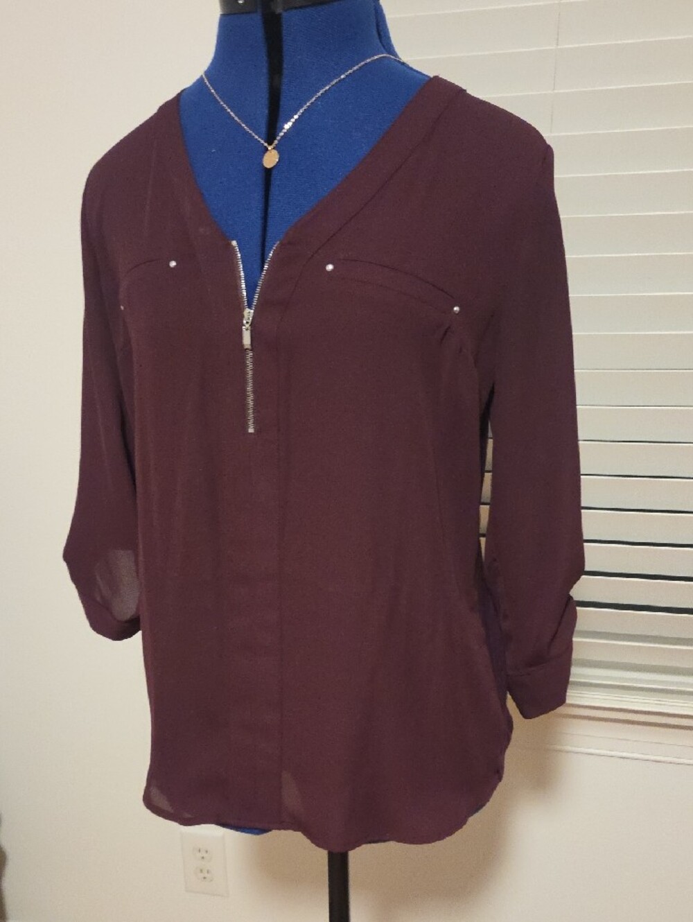 Women’s V-Neck Zip Blouse - Plum - Picture 2 of 6